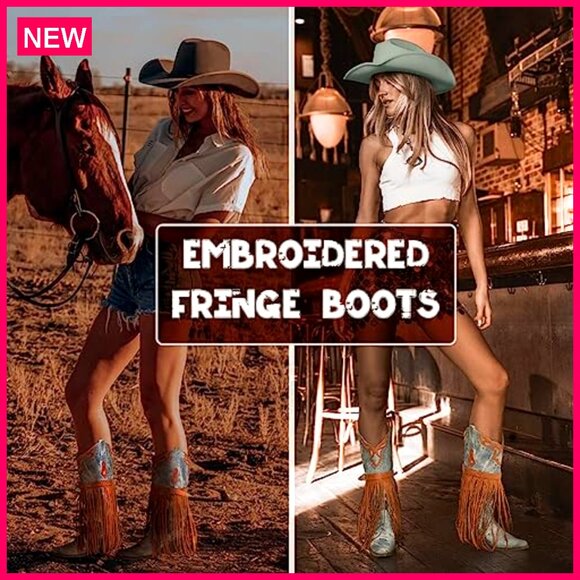 Western Booties Pointed Toe Chunky Heel Embroidered Fringe Pull-On Mid Calf - Picture 5 of 8